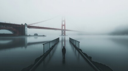 Obraz premium Solitary Figure on Foggy Pier with Golden Gate Bridge in Background - Atmospheric San Francisco Landscape Photography