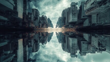 Surreal Cityscape Reflection Mirrored Metropolis in a Cloudy Sky - Futuristic Urban Fantasy Art