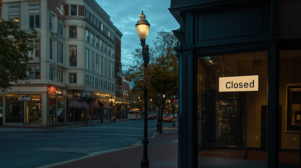 Naklejka premium Closed boutique storefront with elegant window display, symbolizing the end of a day and the anticipation of a new beginning