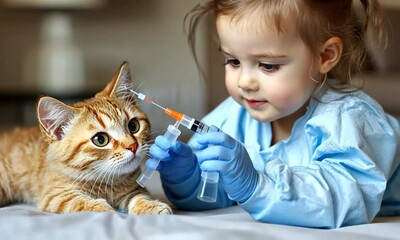 A young girl in gloves gently administers a syringe to a curious cat.