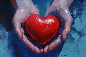 Two hands gently cradle a vibrant red heart. This image symbolizes love, compassion, and the gift of a loving heart.