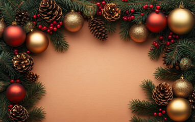 A festive composition perfect for holiday greeting cards, featuring vibrant Christmas decorations, pine branches, and ornaments, evoking a warm celebratory atmosphere.