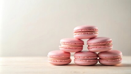 Fototapeta premium A Delicate Pyramid of Pastel Pink Macarons on a Light Wooden Surface