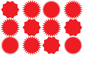 Starburst red sticker set - collection of special offer sale round and oval sunburst labels and buttons isolated on white background. Stickers and badges with star edges for promo advertising.
