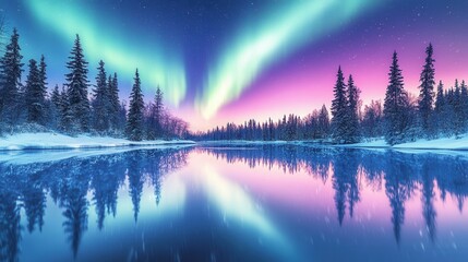 Obraz premium Enchanting Aurora Borealis over Frozen Lake and Snow-Covered Coniferous Forest - Winter Wonderland Night Scene