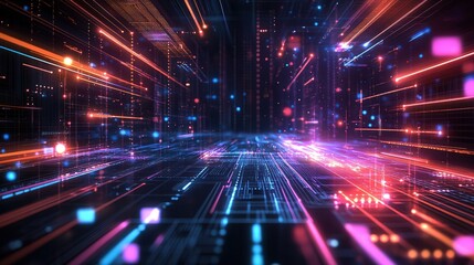 Obraz premium Abstract Futuristic Digital Network Glowing Lines, Data Stream, Neon Lights, Technology Background