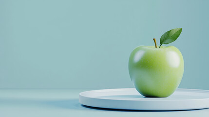 Fresh green apple on white plate against soft blue background, showcasing its vibrant color and natural beauty. Perfect for healthy lifestyle themes