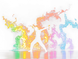 Silhouetted fire dancer performing amidst vibrant, multicolored flames.
