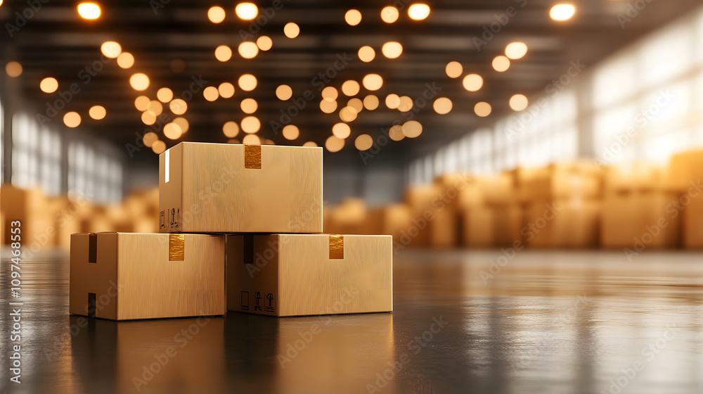 Poster a cozy warehouse filled with stacked cardboard boxes, illuminated by warm lights, creating an inviti