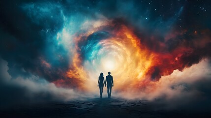 Fototapeta premium At dusk, two figures stand hand in hand, gazing into a vibrant cosmic portal that swirls with colors. Their journey symbolizes exploration of the spiritual realm and connection.