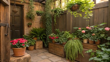 Naklejka premium The charming nook is alive with diverse shapes and shades of green where lush pots sit beside vibrant blooms on rustic wooden fixtures. Ethereal plant hangers create layers of