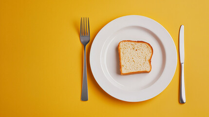 slice of bread on white plate with fork and knife on bright yellow background creates simple yet striking dining scene