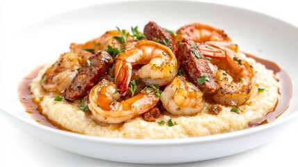 A mouthwatering plate of shrimp and grits with plump shrimp, creamy cheese grits, and savory Andouille sausage