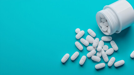 Pills spilling from white bottle on vibrant turquoise background, representing health and wellness