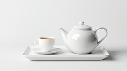 Fototapeta premium white teapot and cup on tray create serene tea setting, perfect for relaxation and enjoyment. minimalist design enhances elegance of moment