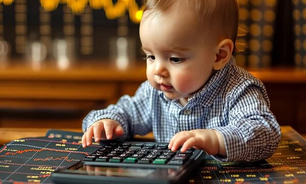 A baby plays with a calculator, exploring numbers and learning in a cozy environment.