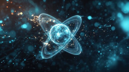 Abstract Blue Glowing Atom Particle Background Futuristic Technology, Science, and Energy Concept.