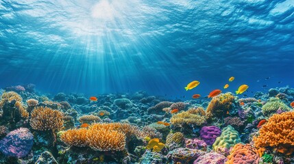 Obraz premium Vibrant Underwater Coral Reef Scene Sunbeams Illuminate Colorful Fish and Diverse Marine Life