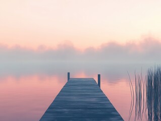 Obraz premium Serene Pink Dawn Wooden Dock Extending into Misty Lake at Sunrise - Tranquil Landscape Photography