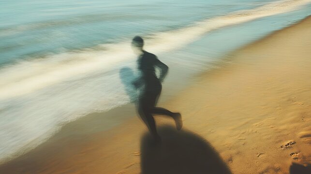 Blurry Silhouette of a Person Walking on a Sandy Beach