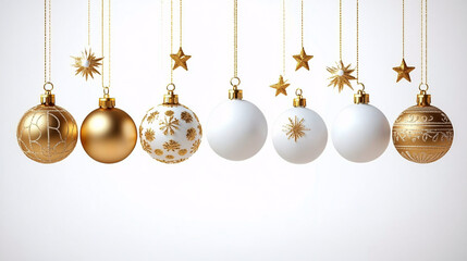 Festive golden and white Christmas ornaments create a cheerful atmosphere, perfect for holiday cards or season decorations. Ideal for Christmas and New Year celebrations.
