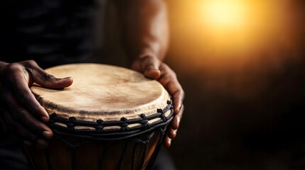 Skilled hands gently press against the surface of a beautiful African djembe drum, creating rhythmic sounds. The warm light adds ambiance to the setting, enhancing the musical moment.