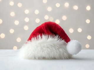 Classic Christmas hat with white fur trim and pom-pom, isolated on a plain white background for a festive winter theme.