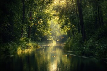 Obraz premium Magical Forest River Scene Sunlit Canopy, Butterflies, and Tranquil Water - Enchanted Nature Photography