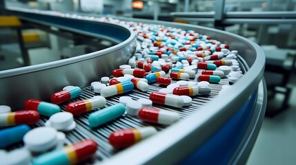 Fototapeta premium Advanced conveyor systems in modern drug processing.