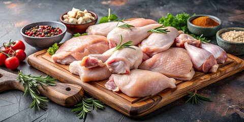 Assorted raw chicken meat pieces on a cutting board , raw, chicken, meat, portions, raw poultry, uncooked, pieces