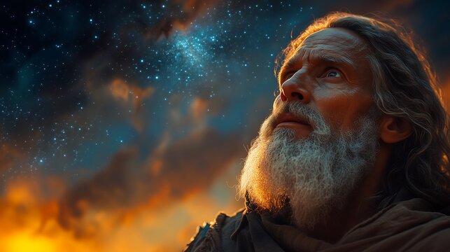 Abraham talking to God and looking at the stars in the sky. Abra&atilde;o conversando com Deus e olhando as estrelas do c&eacute;u