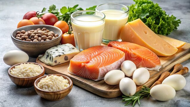 Variety of foods high in vitamin D including salmon, eggs, mushrooms and fortified dairy products, vitamin D, food, nutrition