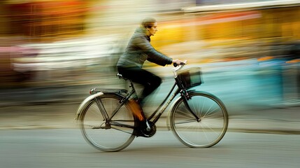 Fototapeta premium Blurred Cyclist Moving Quickly Through a Cityscape