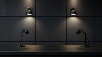 A minimalist podcast studio design featuring a dark table, two microphones, studio headphones, and a simple wall design with acoustic panels.