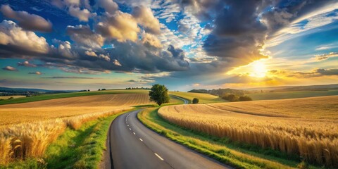 Golden Hour Countryside Road A Serene Winding Asphalt Path Through Rolling Fields of Wheat at Sunset