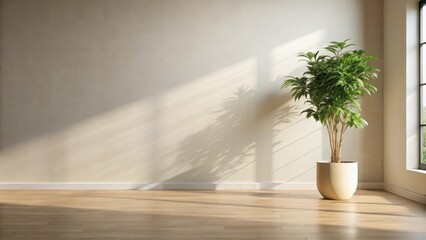 Sunlight streams through a window illuminating a minimalist room with a potted plant and hardwood floor