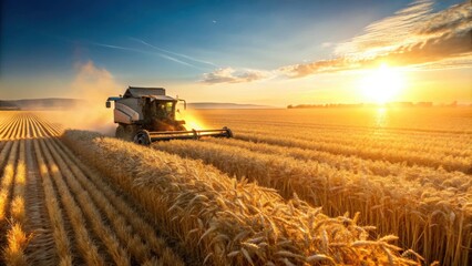 Fototapeta premium Golden Hour Harvest A Combine Harvester Gathers Ripe Wheat Under a Vibrant Sunset