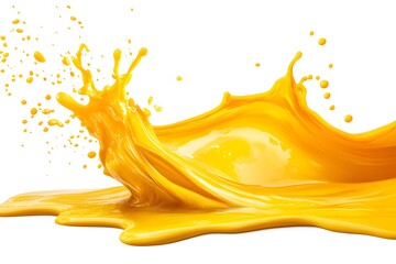 Fototapeta premium Dynamic splash of yellow paint isolated on white background, vibrant liquid motion with drops