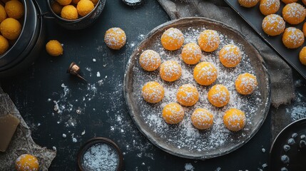 Sweet, round treats dusted with powdered sugar. Delicious homemade confectionery, perfect for festive occasions.