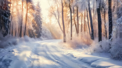 Fototapeta premium Winter snowy road along the forest. Chilled Frostbite Forest. Illustration
