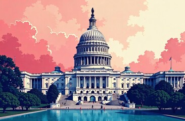 Naklejka premium An illustration of the U.S. Capitol building in red and blue colors. Democrat and Republican