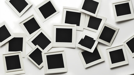Scattered blank instant photo frames on white background. Retro Polaroid Memories. Illustration