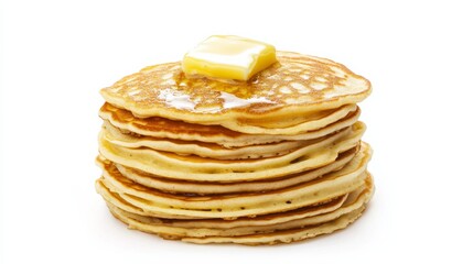 A neatly stacked pile of golden pancakes with a pat of butter melting on top, Each pancake&rsquo;s warm color and subtle imperfections captured with precision