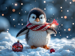 Obraz premium Adorable penguin in a scarf surrounded by snow and ornaments on a festive day, digital art of whimsical concept.