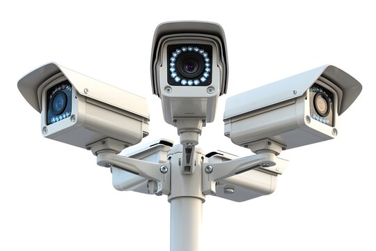 Close-up of multiple security cameras mounted on a pole, surveillance system