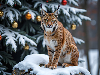 Obraz premium Lynx with antlers amidst festive snowy landscape, photography of nature concept.