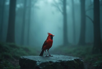 A solitary bright red bird stands on a mist-covered stone surface within a mysterious and foggy forest setting, evoking a sense of foreboding and intrigue 
