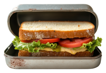 Delicious sandwich in a metal lunchbox ready for break time isolated on transparent background