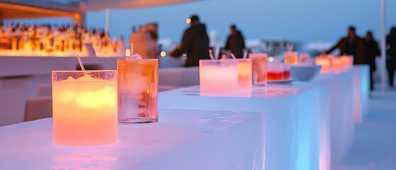 Fototapeta premium A glowing ice bar sculpted from clear ice, with holiday cocktails and frosty aesthetics