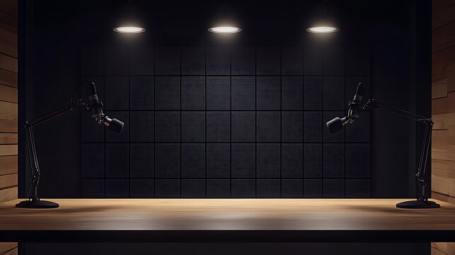 A sleek podcast studio setup with a wooden table, two professional microphones on adjustable arms, studio lighting, and a soundproofed background with acoustic foam panels.